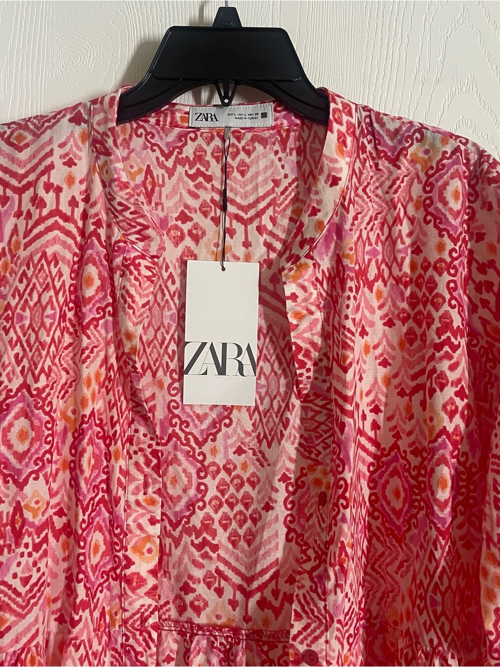 Zara Womens Pink Orange Ikat Print Tiered maxi Dress 9878/094/046 Large NWT - Picture 6 of 11